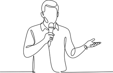 Vector art of man giving a speech with a microphone in continuous line drawing