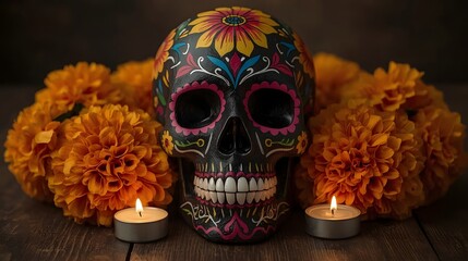 decorated folk art skull with floral patterns and ceremonial candle glow