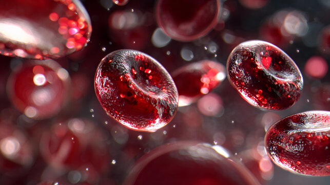 Microscopic view of red blood cell. Blood cells circulation. Scientific or medical concept for health, biology, or pathology. Macro view of erythrocyte.