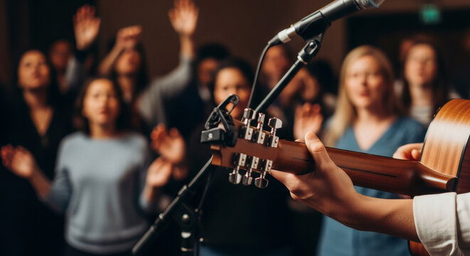 Worship Leader's Hands on Guitar: Modern Christian Praise and Worship Music in Church Service with Blurred Congregation. Instrument, Spiritual, Contemporary, Gospel, Faith.	