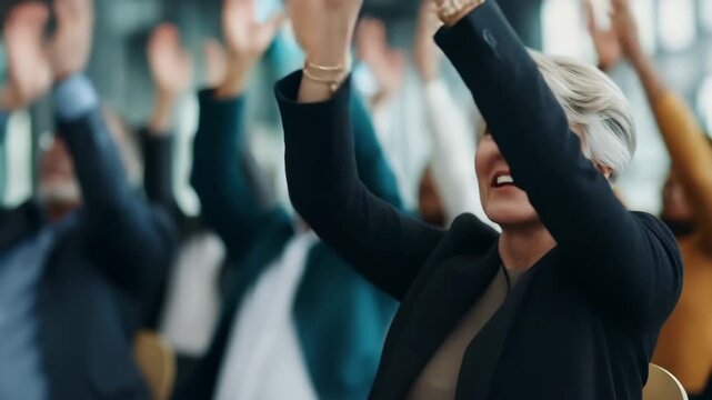 Diverse business professionals applauding during corporate meeting in bright modern conference hall, ideal video for success celebration, leadership events, and business storytelling content