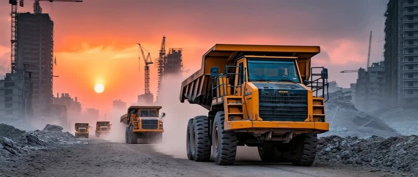 Large yellow dump trucks moving across a dusty construction site at sunrise, camera tracking forward through the scene, cinematic footage for construction branding, industry visuals