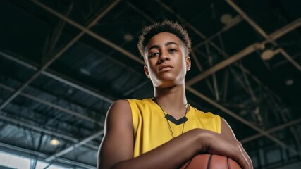 Confident teen male basketball player in yellow jersey holding ball in indoor gym, camera pulls back, ideal video for sports branding, youth motivation content, school promo, and athletic training  - Powered by Adobe