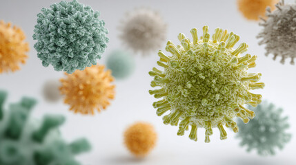 Microscopic view of various virus cells suspended in air. Concept of infectious pathogen, disease, medicine, or biology research. Scientific illustration.