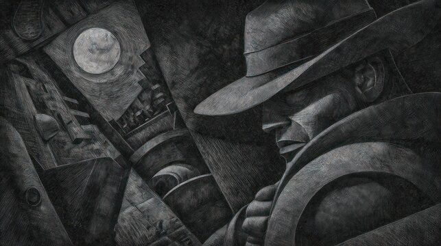 Mysterious figure in shadows monochrome illustration with dramatic lighting