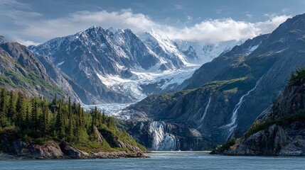 Majestic Alaskan scenery: snow-capped mountains, vast glaciers, and stunning waterfalls create a breathtaking natural panorama.
 