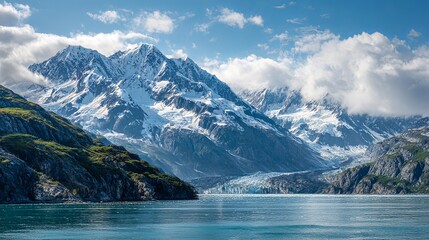 Majestic Alaskan scenery: snow-capped mountains, vast glaciers, and stunning waterfalls create a breathtaking natural panorama.
 