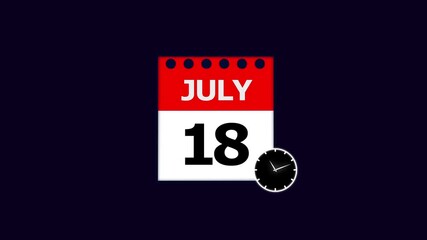 Year 18 July graphic Infrared calendar in futuristic and tech glowing, Calendar appearing with the date July 18,chroma key ,calendar icon monthly Clock countdown timer icon 4k video.
