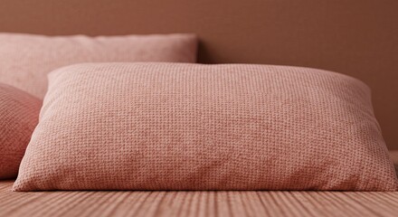 A close-up view of two textured, coral-colored pillows on a matching surface.