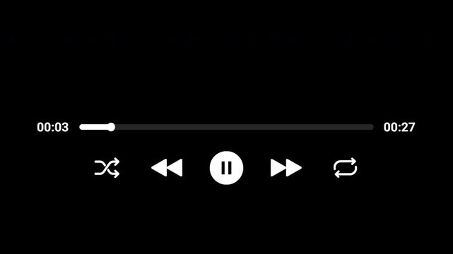 30 seconds minimal music player UI animation with a transparent background and controls. The layout showcases a central pause button, shuffle and repeat icons, and a smooth horizontal progress bar.