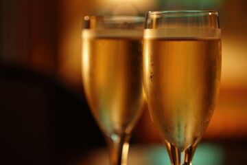 Glass of champagne or sparkling wine in warm ambient light