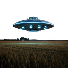 Mysterious flying saucer hovers over rural landscape at dusk