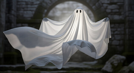 Floating ghost covered with white sheet in ancient stone ruins, soft light and spooky Halloween atmosphere concept