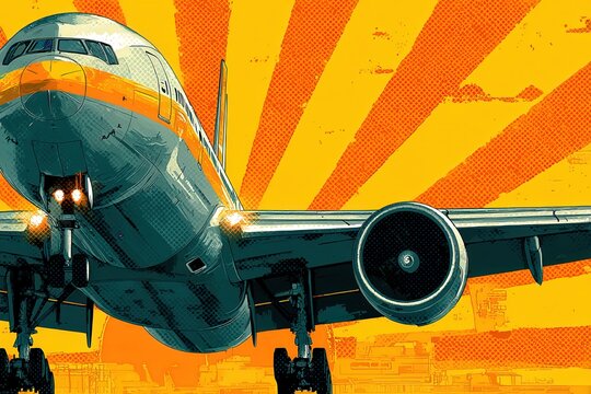 Dynamic jetliner ascending against a vibrant sunburst backdrop emphasizing aviation prowess, innovation, and the spirit of travel captured with clarity