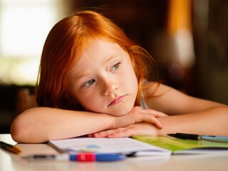 Little girl daydreaming while coloring at a desk with pencils