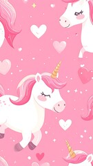 Fototapeta premium Pastel pink background features animated white unicorns and hearts