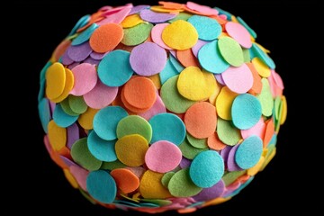 Obraz premium A vibrant sphere adorned with multicolored confetti pieces presenting a joyful celebration atmosphere reflecting creativity and festive spirit in a visual explosion of colorful textures