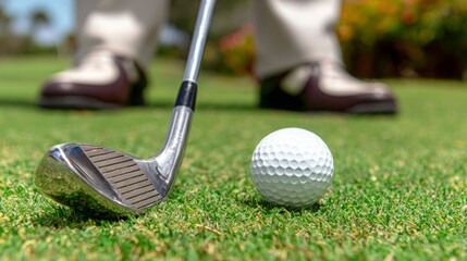 Close-up of a golf ball on green grass with a golf club preparing to strike, blurred background showing golfer's shoes.