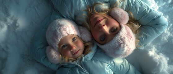 Portrait of happy mother and daughter lying in snow wearing warm winter clothes and fluffy earmuffs. Smiling family enjoying outdoor fun during cold season. Winter holiday bonding concept.