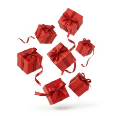 Festive red gift boxes with ribbons gracefully floating in mid-air isolated on white background