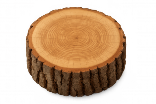 Round cut tree stump showing annual growth rings and natural bark with transparent background
