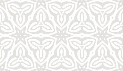 Minimalistic floral seamless vector pattern. Abstract repetitive background with flowers and leaves ornaments. Simple and elegant design style. Gray color on white or transperent background.