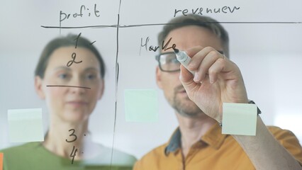 Professional team members brainstorming strategy, writing notes on transparent whiteboard with colorful sticky papers during collaborative meeting in office. Business people at work