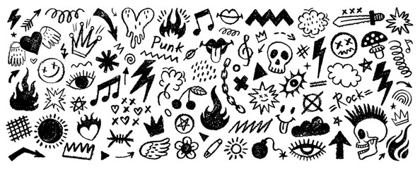 Rock punk music hand drawn icon. Doodle tattoo with heart, star, fire flame, skull. Vector grunge marker, brush or crayon sticker element. Sketch punk rock music scribble art. Line doodle tattoo bg