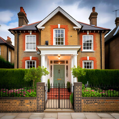 A traditional British brick house in an upscale neighborhood with an iron gate and white trim.