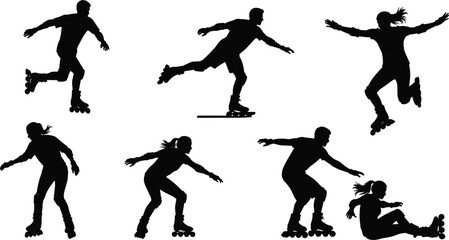 Silhouettes of people rollerblading in various dynamic poses and actions inline skating black and white