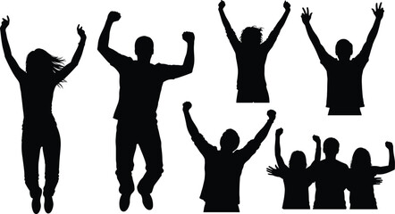 Silhouettes of people celebrating with raised arms and fists celebration victory