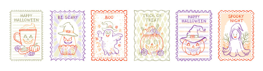 Halloween stamp. Vintage Halloween pumpkin postcard illustration. Vector autumn stamp pattern. Fall pumpkin, bucket, ghost frame poster. Cute postcard design background. Vintage trick or treat bg