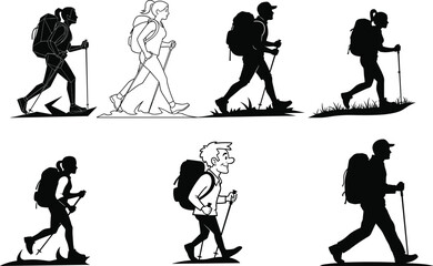 Six diverse hikers with backpacks and poles walking in silhouette and line art trekking hiking