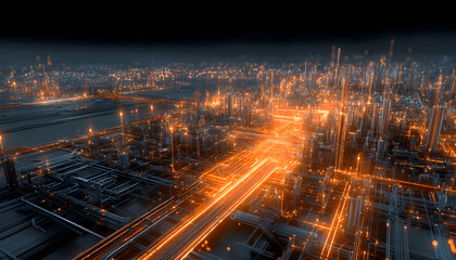 Naklejka premium A futuristic industrial city network with glowing orange lights and complex structures representing data flow and technological advancement