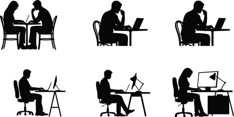 Silhouettes of people working on laptops and computers at desks vector