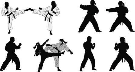 Karate martial arts figures in action poses black and white silhouettes fighter combat