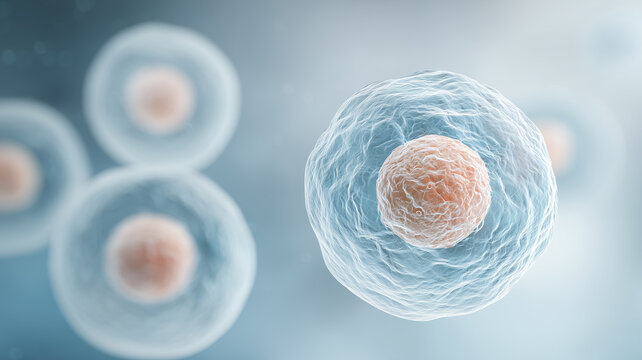 Isolated human cell with nucleus and membrane illustrating fundamental anatomy for education genetics therapy and computational biological modeling
