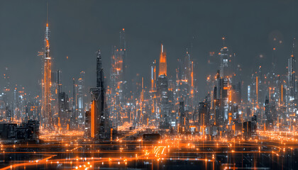 Obraz premium A futuristic industrial city network with glowing orange lights and complex structures representing data flow and technological advancement