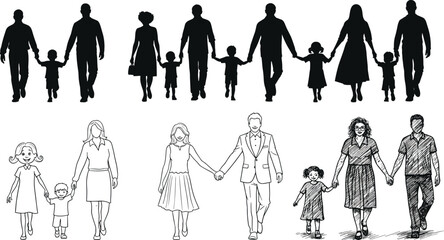 Black silhouette families and line drawing families holding hands walking family black and white