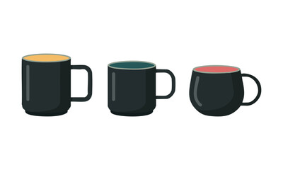 Matte Black Coffee Mug Set – Three Minimal Vector Mugs in a Row, Mug template set, easily editable. 