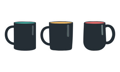 Matte Black Coffee Mug Set – Three Minimal Vector Mugs in a Row, Mug template set, easily editable. 