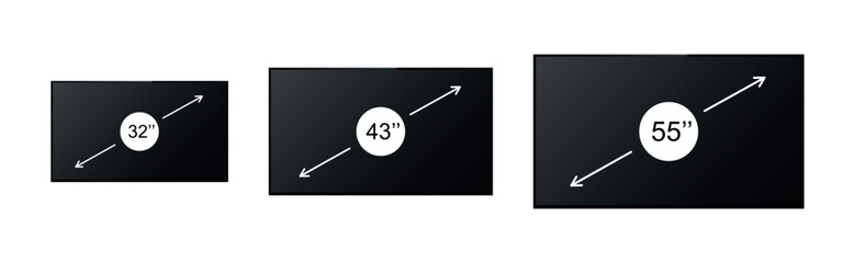 Realistic screen 32, 43, 55 inches collection. Screen inches size. Screen diagonal size in 32, 43, 55 inches. Screen icon set in realistic style on white background. Vector illustration