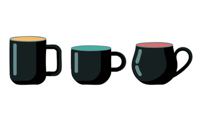 Matte Black Coffee Mug Set – Three Minimal Vector Mugs in a Row, Mug template set, easily editable. 