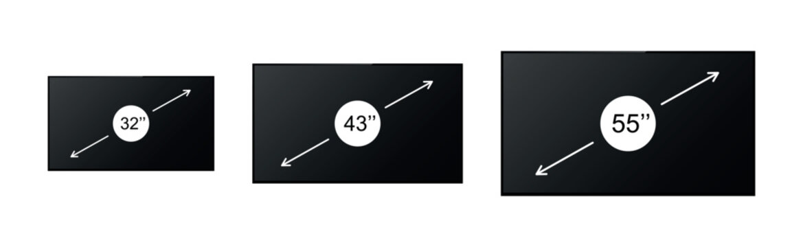 Realistic screen 32, 43, 55 inches collection. Screen inches size. Screen diagonal size in 32, 43, 55 inches. Screen icon set in realistic style on white background. Vector illustration