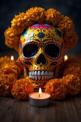 Colorful holiday skull with floral geometric motifs on rustic wooden altar