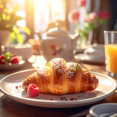 Morning breakfast spread croissant, raspberries, juice, and tea, sunlit scene