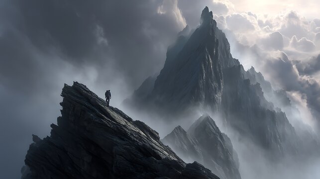 male hiker climbing dramatic alien-like mountain peak, mist swirling, cinematic wide-angle, hyper-realistic fine art, 32K resolution 
