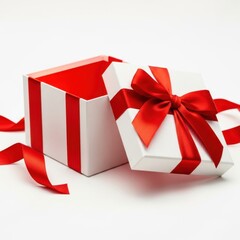 Elegant white gift box with red ribbon open presents celebration surprise isolated on white background