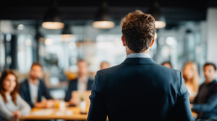 Fototapeta premium Business leader addressing a team symbolizing communication leadership management strategy and corporate presentation for organizational success and engagement. 