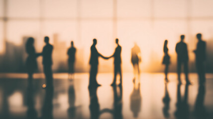 Business silhouettes greeting in an office environment portraying partnership negotiation and professional networking that accelerates corporate growth and shared opportunity
